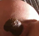 An upside down, close-up view of the female shitting ass of Sabrina.